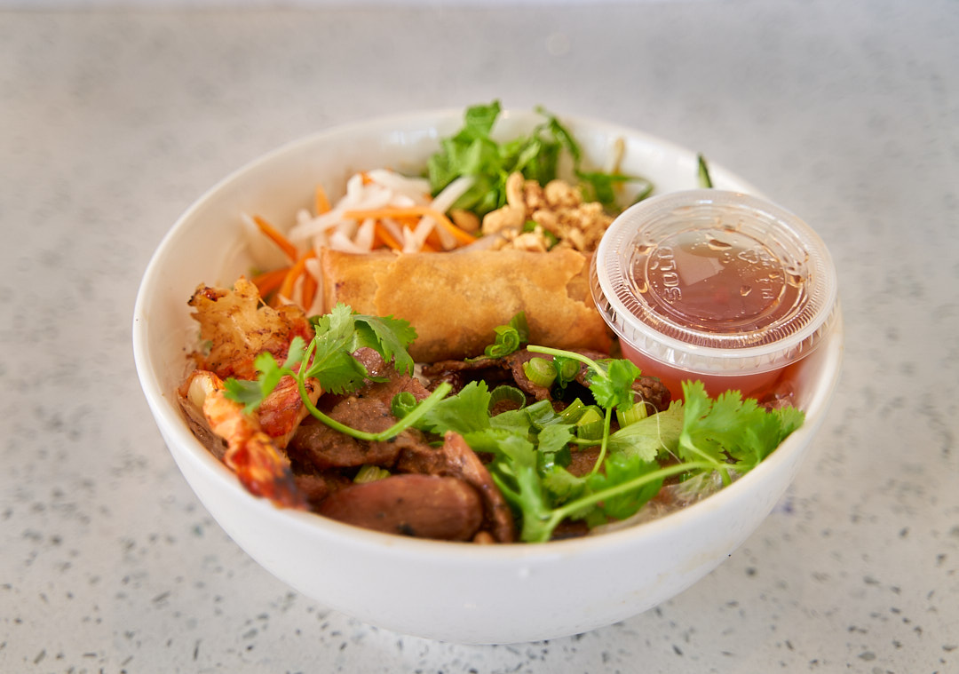 Grilled Shrimp and Pork Vermicelli Bowl with fresh herbs and vegetables