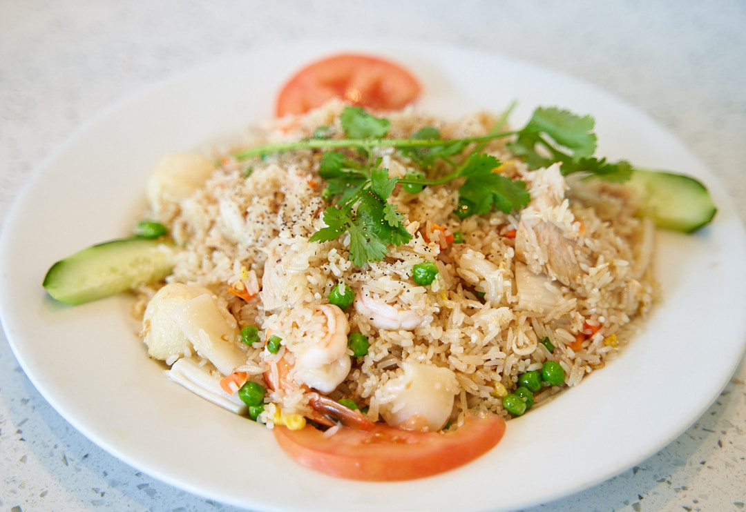 Shrimp Fried Rice with fresh vegetables and herbs